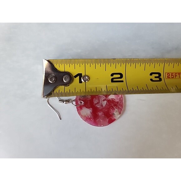 Red And White Circular Shell Dangling Pierced Earrings Vintage - Picture 8 of 10